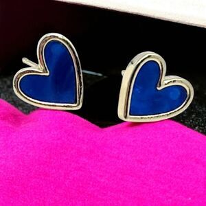 Blue Moiré Heart Stud Earrings Gold Tiny Dainty Mini Valentine Jewelry Gift NWT